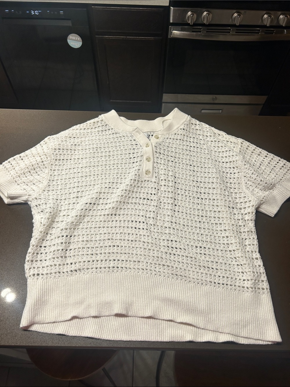 Sonoma White Short-Sleeve Crochet Henley Pullover